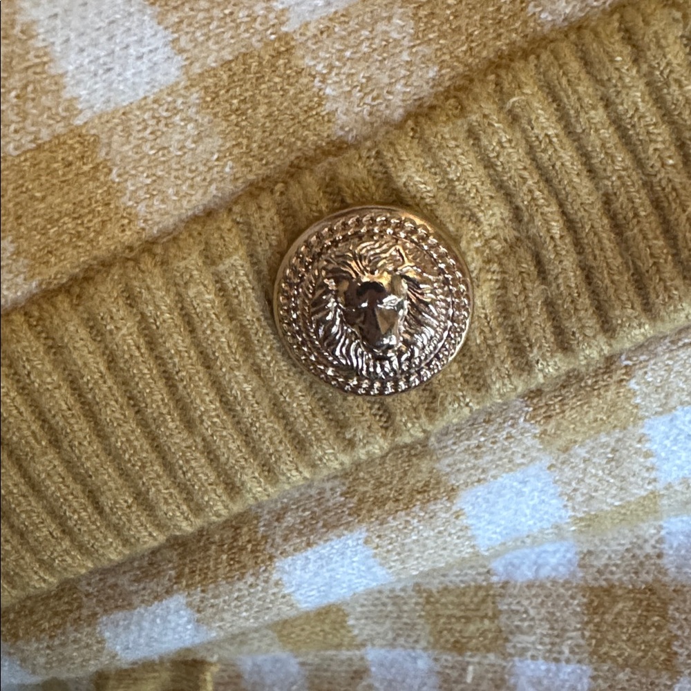 Joie Yellow and Cream Gingham V-Neck Cardigan Gold Lion Button Sweater Womens XS - Picture 5 of 8